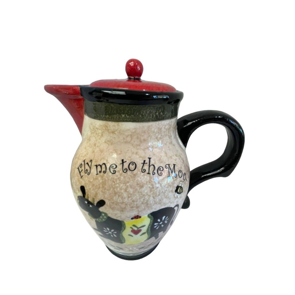 Fly me to the Moo Cow Creamer Pitcher Small‎ Tan Red Black Folk Art